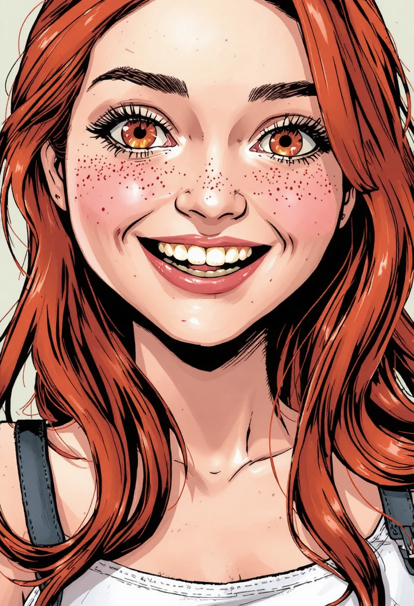 Comic book illustration by Fiona Staples of A stunning redhead teenage Swiss girl with flawless model-like facial features, flawless light pale skin with lots of (freckles), youthful innocent charm, minimal makeup, and large captivating eyes. She is ecstatic and has a huge maniacal smile. Her eyes are unnaturally large and colorful.