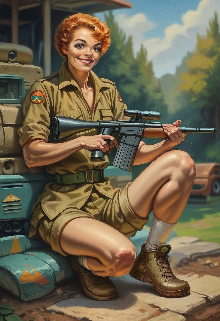 score_9_up, score_8_up, score_7_up, score_6_up, 1girl, solo, short orange hair, military uniform, belt, brown shorts, brown footwear, holding machine gun, outdoors, in an army camp, sweet smile, looking at viewer, (realistic), (painted art)