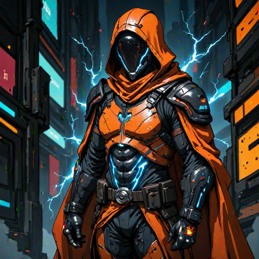 oren-bot-mmxxiv, a digital illustration in a stylized futuristic cyberpunk art style. The subject is a humanoid figure likely a soldier or mercenary dressed in high-tech orange and black armor with glowing blue accents. The armor features a hooded cloak that drapes over the figure's head with the hood pulled up obscuring the face except for the glowing blue visor that covers the eyes giving a robotic or cybernetic appearance. The visor's glow casts a bright ethereal light on the armor highlighting the intricate details and textures.