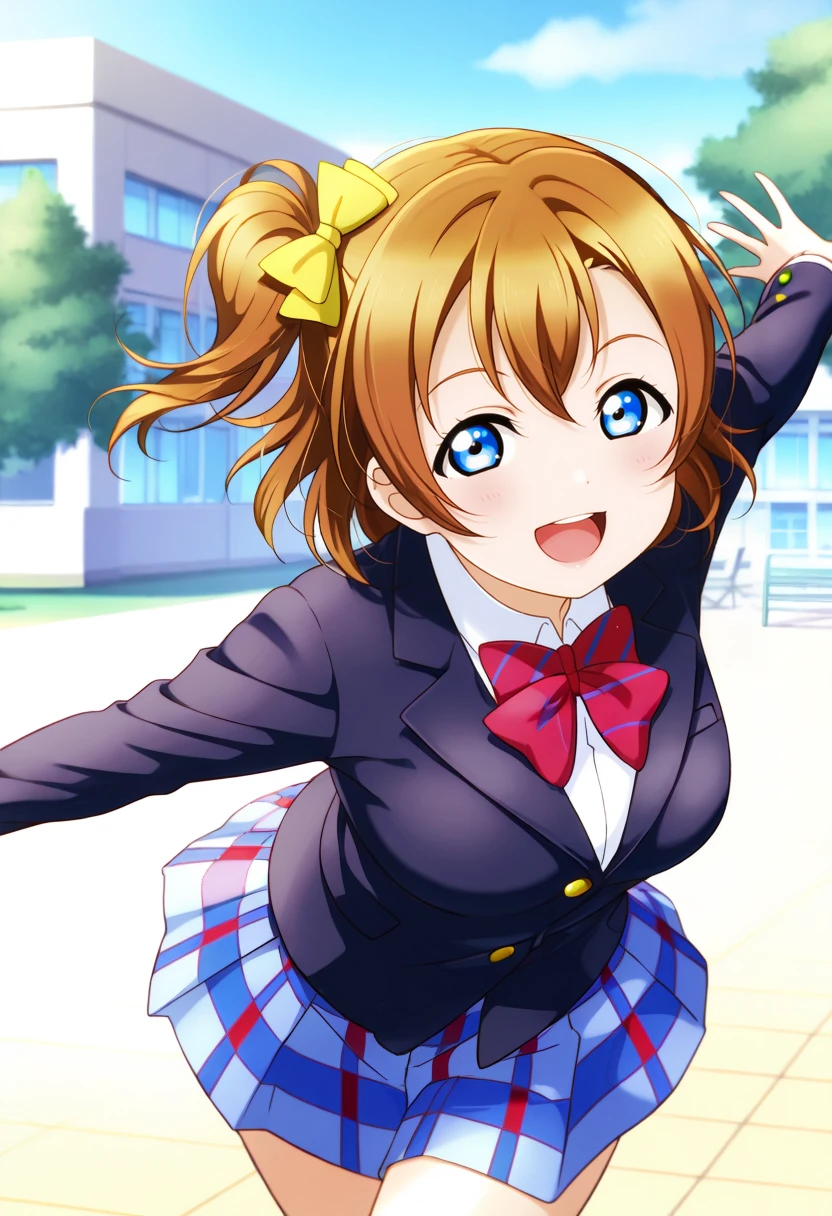 masterpiece, best quality, 1girl, solo, cowboy shot, <lora:ill_lv_honoka:1>, lovelive_honoka, cowboy shot, black blazer, blue plaid skirt, red stripe bowtie, breasts, one side up, yellow hair bow, short hair, brown hair, blue eyes, looking at viewer, smile, open mouth, dynamic pose, school, outdoor