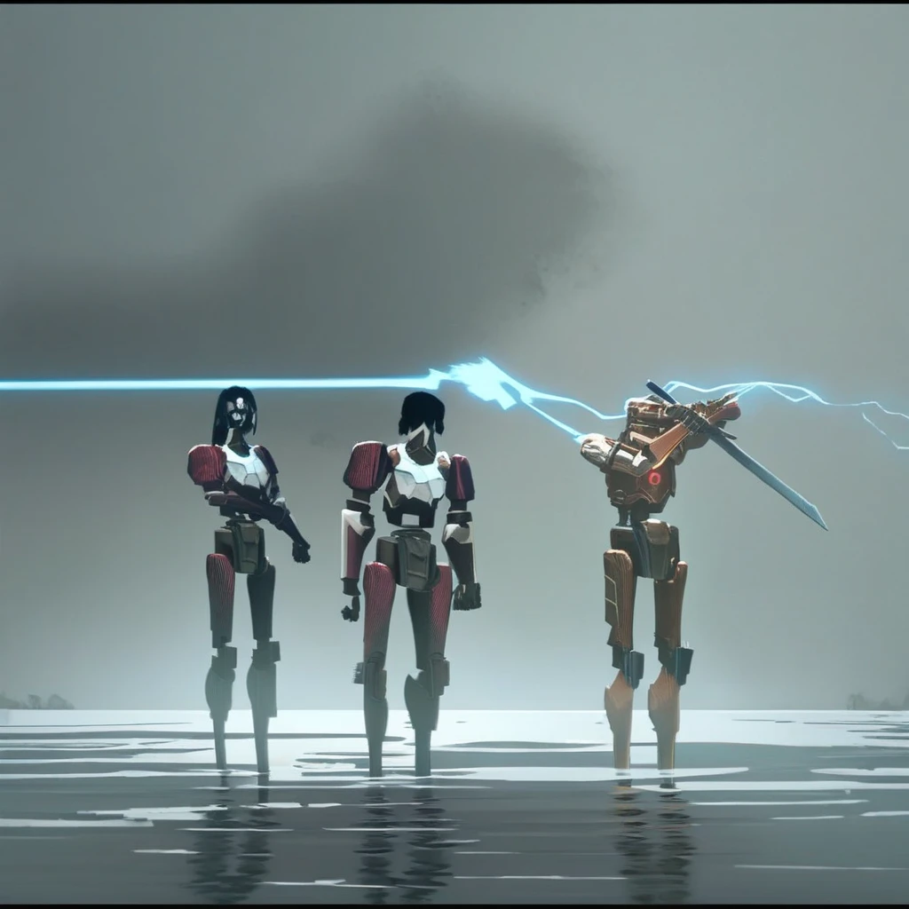 4rc4n3s2styl3, arcanes2style, arcane s2 style, long hair, multiple girls, black hair, holding, standing, weapon, multiple boys, sword, 2boys, water, holding weapon, gun, glowing, holding sword, robot, letterboxed, mecha, smoke