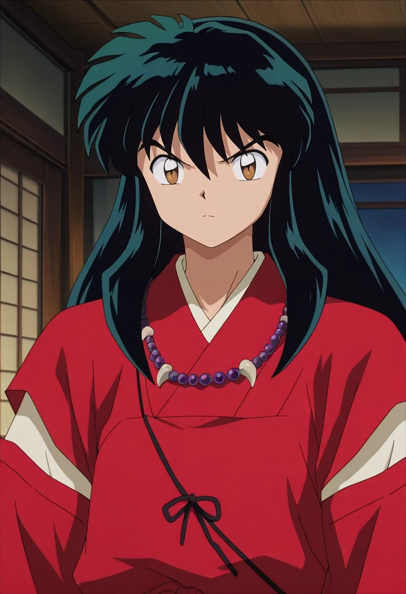 masterpiece, best quality, intricate details, anime screencap, anime coloring, official style, looking at viewer, , 1boy, solo, male focus, <lora:inuyasha_ilxl:0.94>, inuyasha, black hair, brown eyes, long hair, , , red kimono, , , demon costume