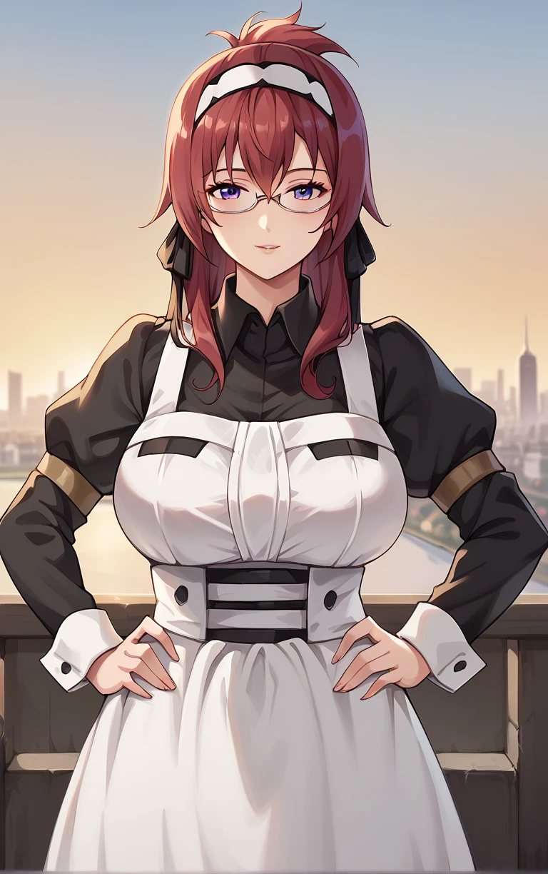 score_9, score_8_up, score_7_up, BREAK 
MaidOutfit_LiliaGreyrat_ownwaifu, 
1girl, folded ponytail, glasses, hair between eyes, hairband, long hair, purple eyes, red hair, semi-rimless eyewear, sidelocks, under-rim eyewear, white hairband, bangs, hair ribbon, large breasts, mature female,
black dress, collared shirt, juliet sleeves, long dress, puffy sleeves, white apron, long sleeves, maid, maid apron, black ribbon, black sleeves,
(contrapposto, hand on hip), sunset, sidelighting, cityscape, vanishing point, outdoors, <lora:PONYXL_MushokuTensei_LiliaGreyrat_ownwaifu:1> , depth of field, solo,