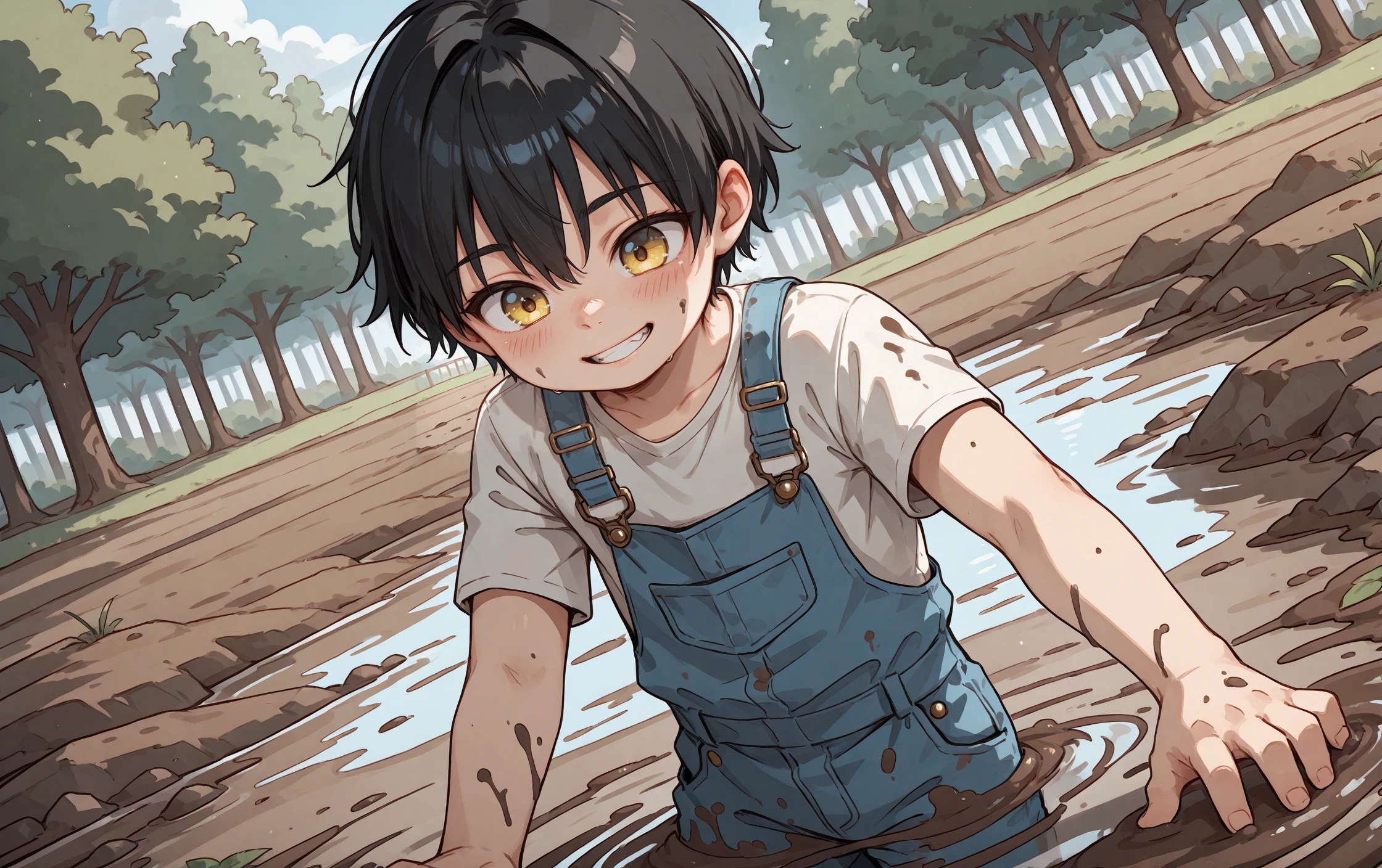 anime coloring, subsurface scattering, realistic shading, intricately detailed illustration, depth of field, masterpiece, best quality, amazing quality, very aesthetic, absurdres, newest, BREAK
<lora:Rey_Spartan_My_OC_for_illustrious:0.8> r3y, solo, 1boy, black hair, yellow eyes,
young, , overalls, muddy, smile, teeth, slight blush, playing, dutch angle,