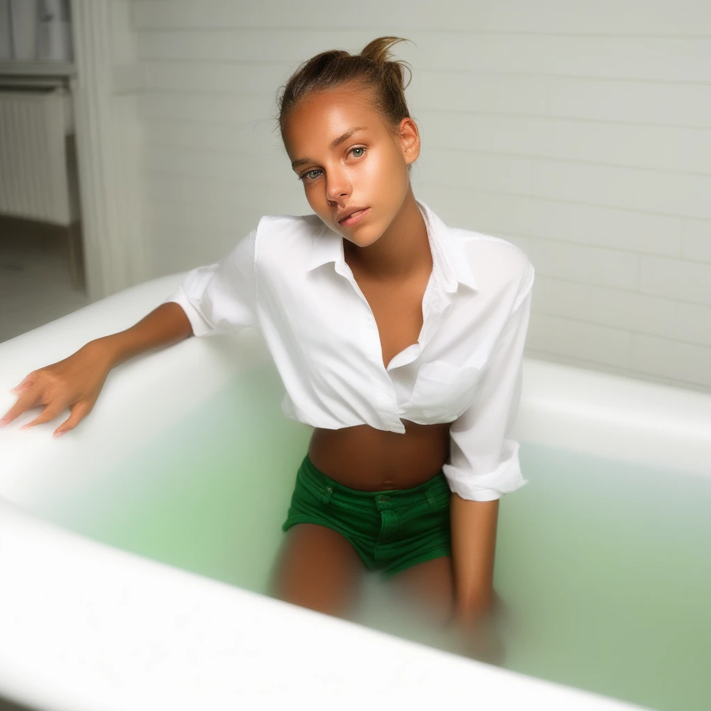 bathtub, fashion, building, white shirt, barefoot, looking to the side, mole on stomach, very dark skin, green shorts