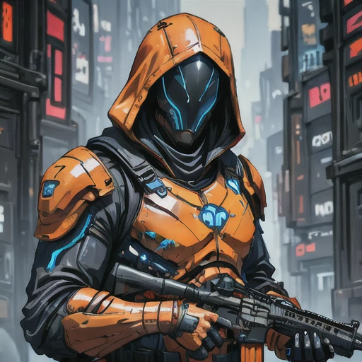 oren-bot-mmxxiv, a digital illustration in a stylized futuristic cyberpunk art style. The subject is a humanoid figure likely a soldier or mercenary dressed in high-tech orange and black armor with glowing blue accents. The armor features a hooded cloak that drapes over the figure's head with the hood pulled up obscuring the face except for the glowing blue visor that covers the eyes giving a robotic or cybernetic appearance. The visor's glow casts a bright ethereal light on the armor highlighting the intricate details and textures.