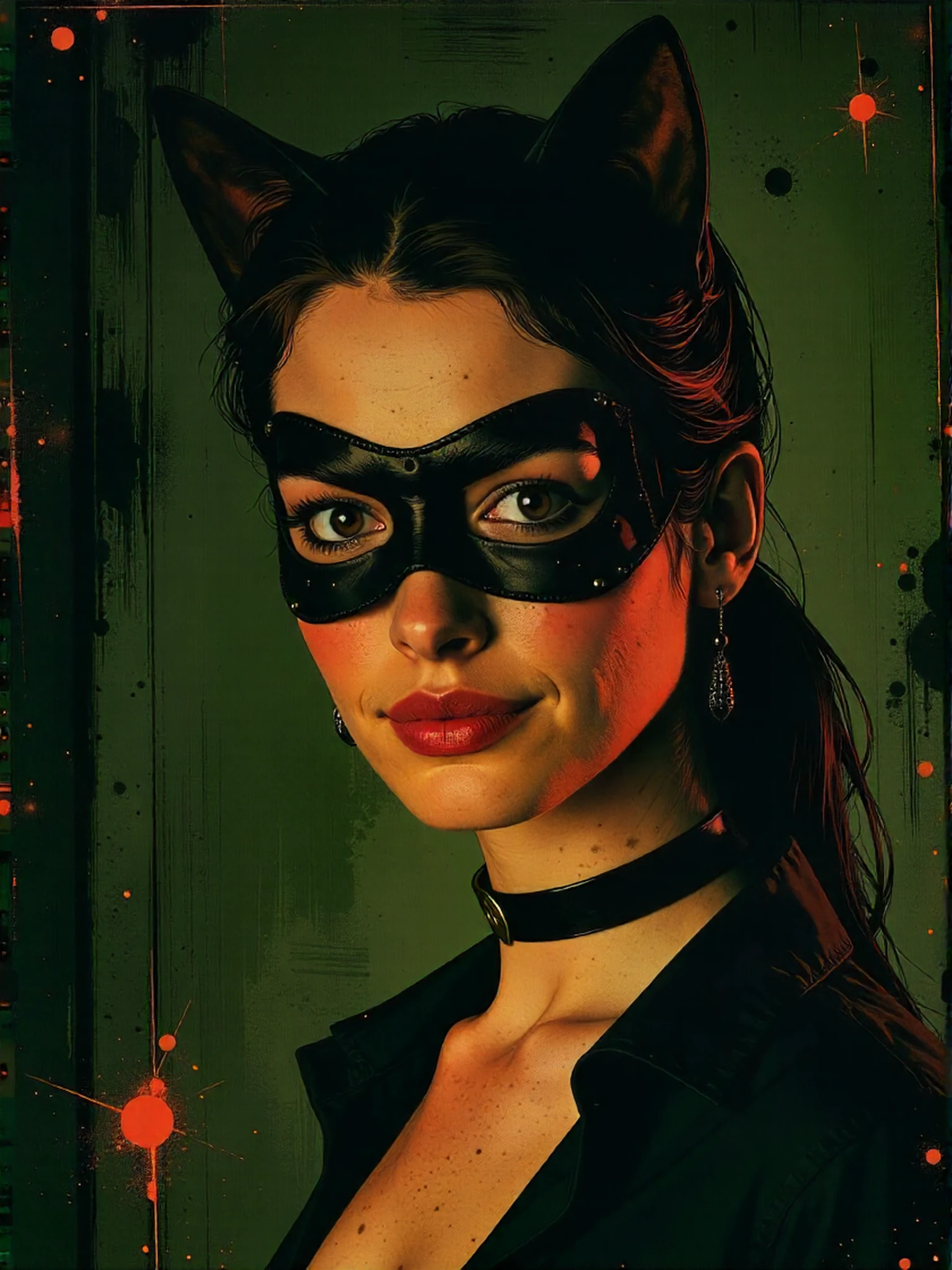 <lora:Anne_Hathaway_2010:1> woman, smiles, as catwoman, mask<lora:zz_s_Luminous_Shadowscape:0.7> with the, looking directly at the viewer, looking directly at the camera, making eye contact, looking straight ahead, modest clothes, modest apparel, chest covered, modesty <lora:zz_s_Chest_Size_Slider:-2>