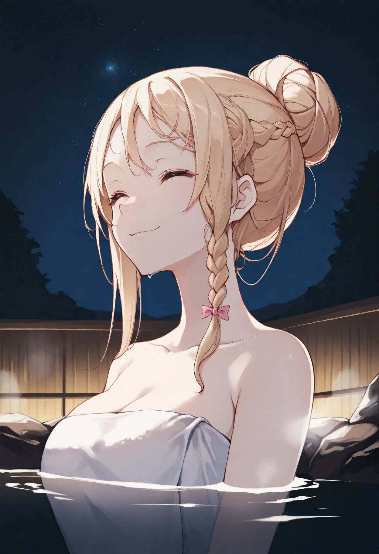 masterpiece, best quality, 1girl, solo, KlaudiaValentz, side braid, pink bow, hair bun, outdoors, night, starry sky, naked towel, onsen, partially submerged, steam, smile, closed eyes, looking up, moonlight, dark theme, high contrast, reflection, <lora:ChamKlaudiaValentzIllustriousXL:1>