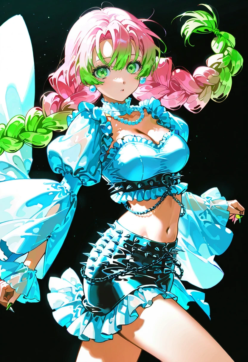 1girl,solo,looking at viewer,konya_karasue,y2k crop top, wide sleeves, skirt, spikes, frills, skirt, jewelry, necklace, midriff,kanroji mitsuri