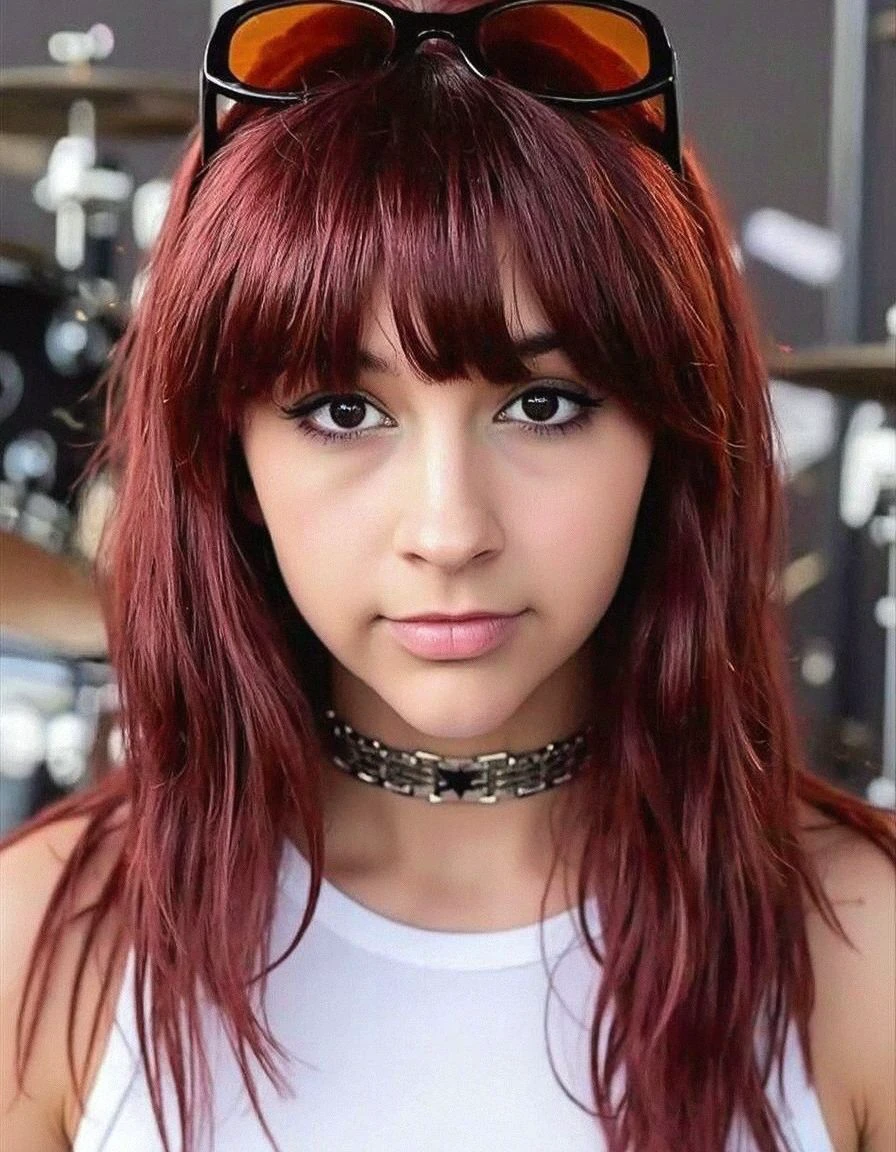 a close-up portrait of a young woman with long red hair and bangs. She is wearing a white tank top and a choker necklace. She has a pair of sunglasses on her head with orange lenses. The background is blurred, but it appears to be a stage with a microphone and other musical instruments. The woman is looking directly at the camera with a serious expression on her face