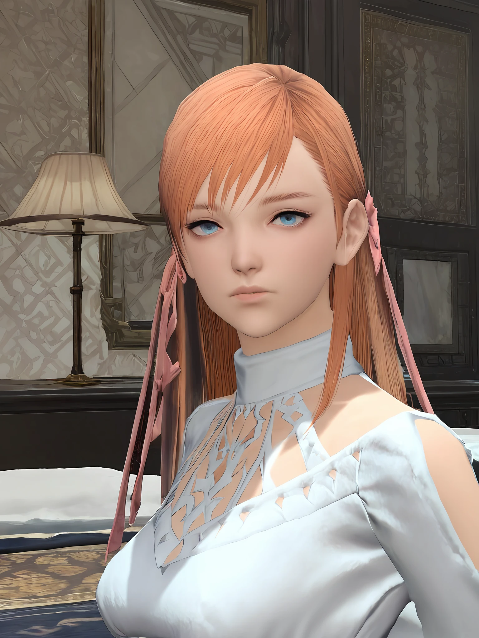 score_9, score_8_up, score_7_up,
masterpiece, best quality,highres, absurdres, very authentic,3d,
HDA_MasterpieceXL_v.1,
1girl,<lora:ryne_FF14:1>, ryneFF14,blue eyes, long hair, orange hair, bangs, hair ribbon,
white dress, long sleeves,
arms behind back,
looking at viewer, tilted head,
bedroom,
<lora:add-detail-xl:1>