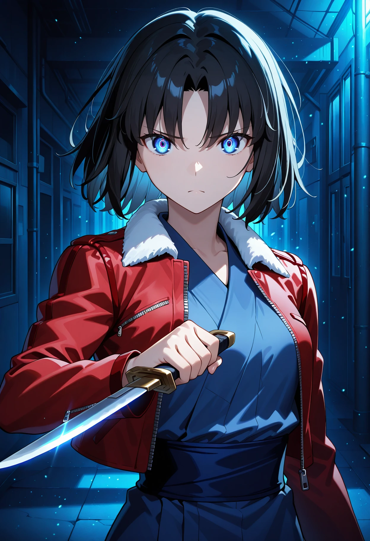 masterpiece,best quality, r_shiki, 1girl, solo, short hair, parted bangs, black hair ,blue eyes, glowing eyes, glowing, red fur-trimmed jacket,blue kimono, japanese clothes,sash,long sleeves, small breasts, frown, looking at viewer, upper body, holding knife, weapon, dark, light particles, blue theme, <lora:r_shiki2_IL-000009:0.9>