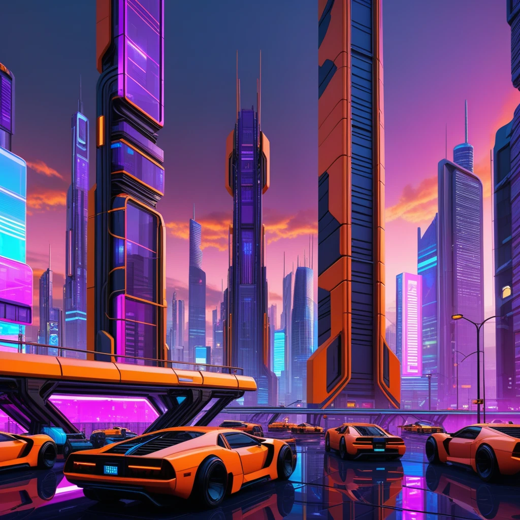  A futuristic cityscape at sunset, with towering skyscrapers made of glass and metal, surrounded by floating vehicles. The scene is illuminated by neon lights of various colors, and the sky is a vibrant mix of orange, purple, and pink hues. Highly detailed, cinematic style, 8K resolution, with a focus on realism and intricate reflections on the glass.