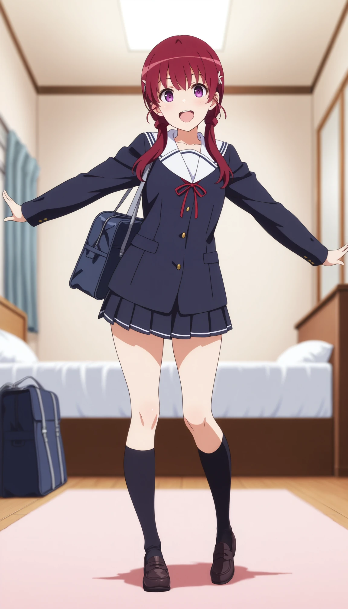 masterpiece,1girl,smile,open mouth,,Izumi <lora:IL-Izumi:1> ,red hair,twintails,long hair,purple eyes,hair ornament,low twintails,school uniform,red ribbon, serafuku, kneehighs, loafers, school bag,
looking at viewer, depth of field,bedroom,spread arms