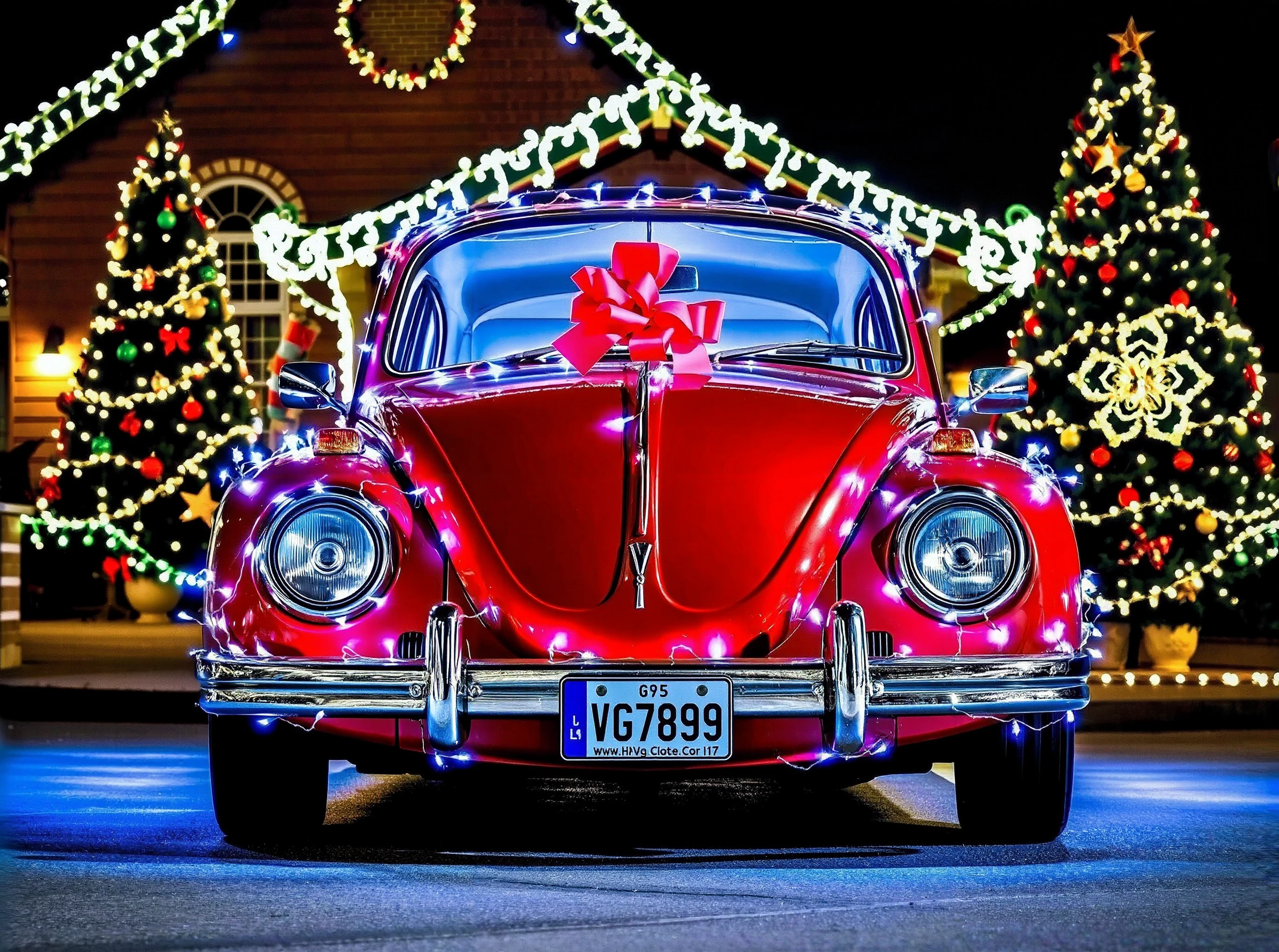 a vw beetle, with christmas lights decorations, in front of a christmas decorated house and a christmas tree <lora:Christmas_car:1>