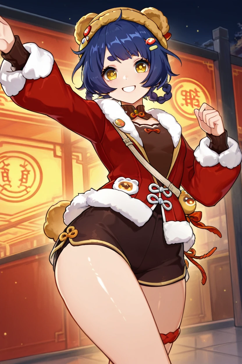 masterpiece, best quality, solo, curvy, beautiful eyes,zzXianglingNC, yellow eyes, blue hair, hair ornament, hair rings, hairclip, short hair, alternate costume, twin braids, sidelocks, long sleeves, hat, jacket, braid, coat, fur trim, chinese clothes, black shorts, ,<lora:Xiangling_NewYearsCheer_IXL_v2:0.8>, dynamic pose, cowboy shot, smile, looking at viewer, shiny skin,