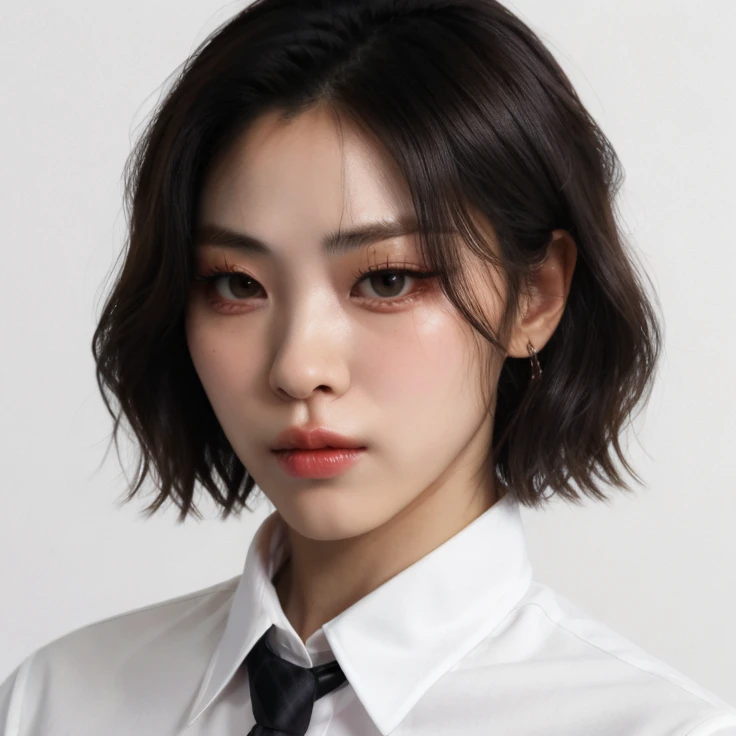 ((plain white background)), closeup portrait of shinryujin wearing (white collared shirt, black necktie), (short hair, black hair), (looking at viewer),    <lora:Ryujin-08:1>