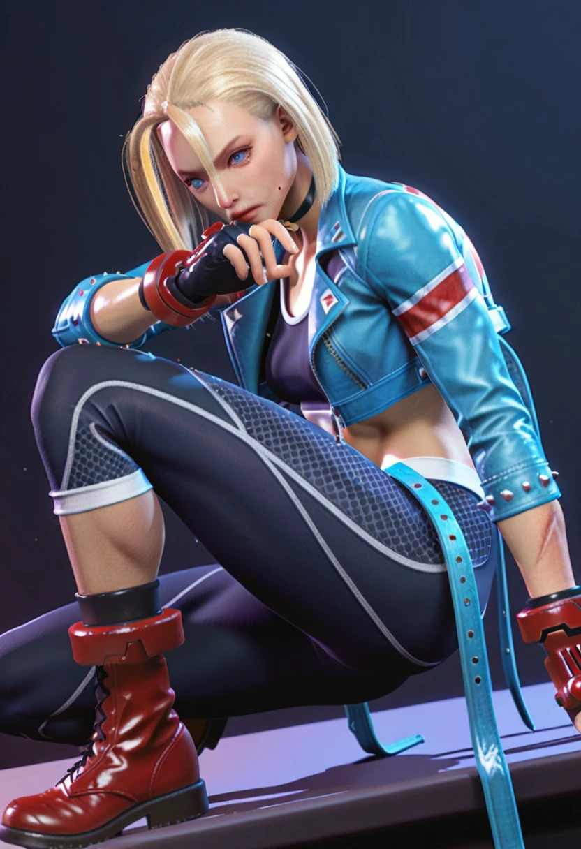 masterpiece, best quality, 32k, high resolution, absurdres, 3d, cammy white, 1girl, solo, gloves, fingerless gloves, scar, boots, cropped jacket, scar on cheek, blue jacket, yoga pants