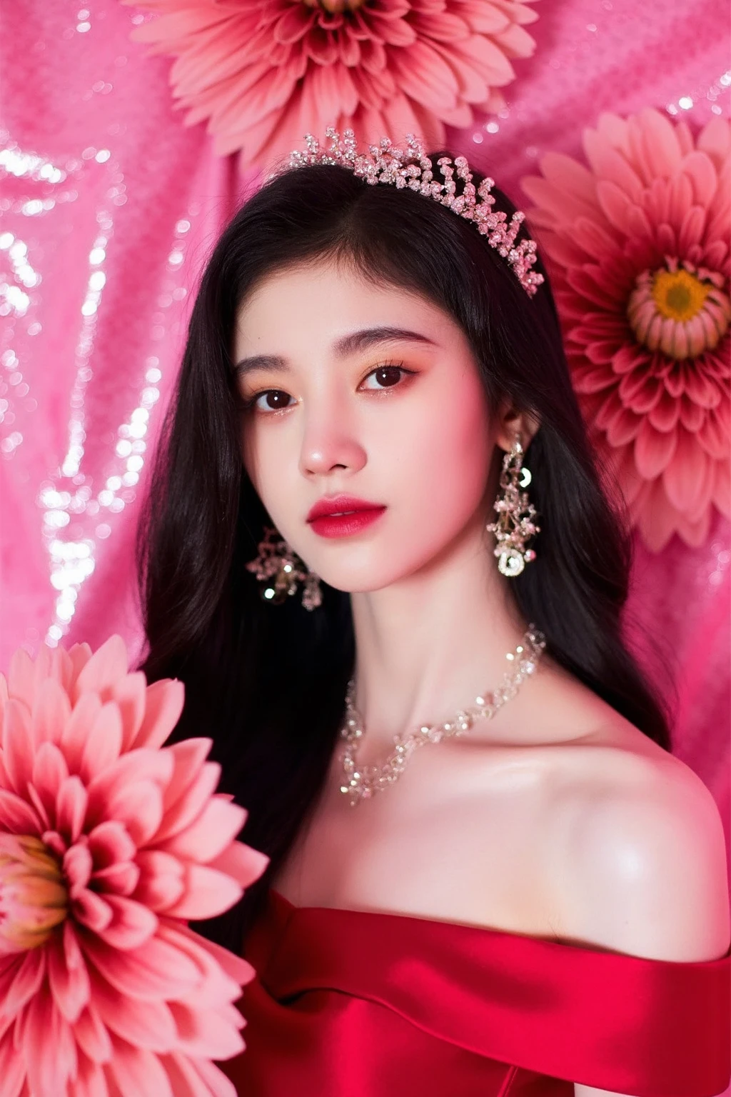 The image showcases a young woman with long wavy hair wearing necklace and earrings with pale skin and makeup. She is positioned against a shiny pink background, which is filled with large dahlia flowers. The flowers dominate the composition, adding a dramatic and intense contrast to her skin tone and overall appearance.
The woman is dressed in red gown, which drapes softly over her shoulders, leaving her upper back and one shoulder exposed. Her expression is calm and slightly mysterious, with her gaze directed slightly to the side, away from the camera. The large flowers, some of which overlap with her figure, create a dreamy and surreal atmosphere, as if she is blending into or emerging from the floral background., <lora:flux_realism_lora:1>, <lora:makinaflux_jujingyi_v1.0:1>