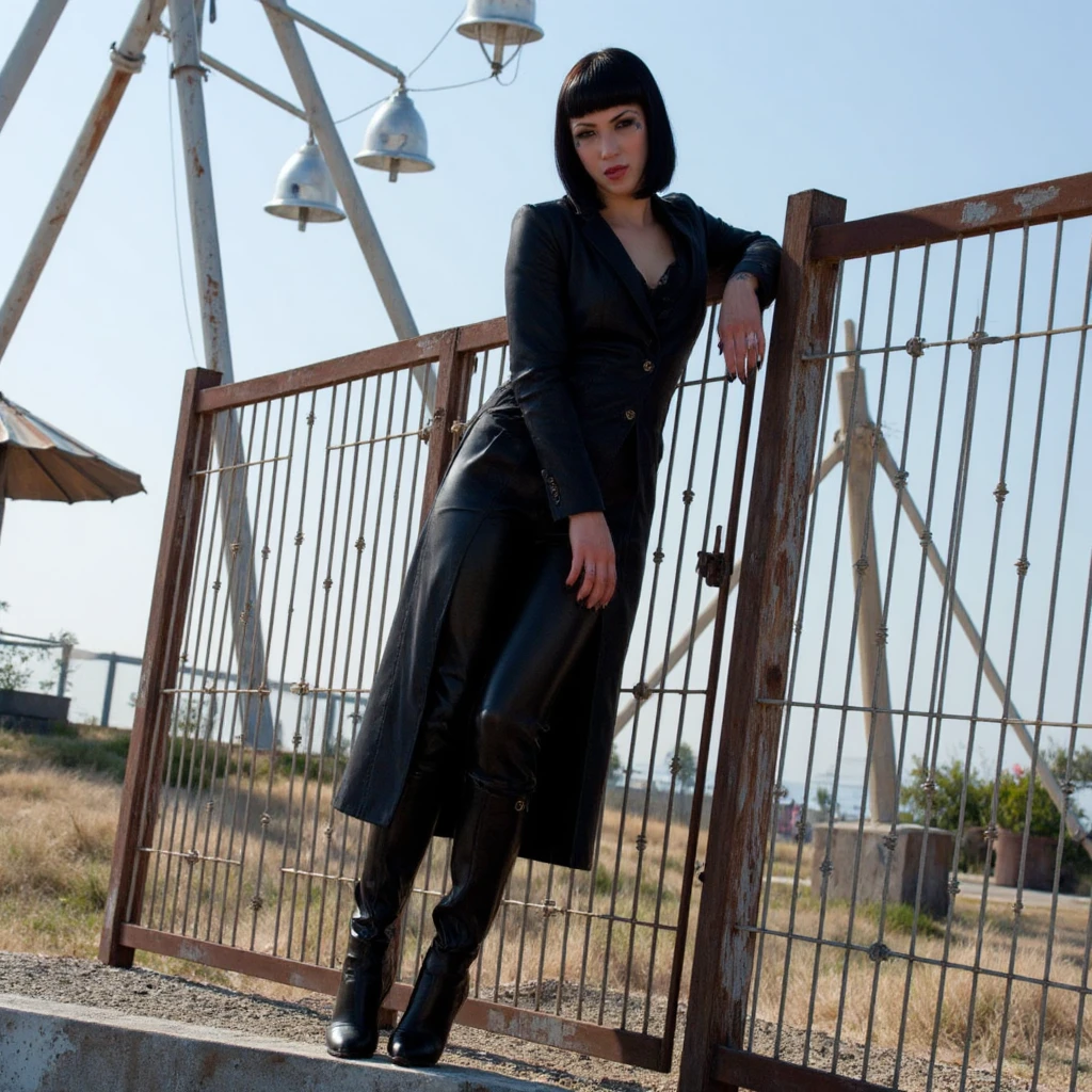 ultra realistic, ultra defined textures and colors, analog photography, 35mm film, prismatic effects lighting,  cinematic, blue hour lighting ,dark gothic young woman, wearing a beautiful high nick black blouse, black leather pants, a  long gothic coat,big high leather boots, looking directly at the viewer with nice smile, teeth, She's standing  in an abandoned amusement park, leaning on the  corroed oxidated old safety fence,  spotlight lighting highlighting her beauty. The background features a beautiful midday beach.  <lora:Asphyxia-Noir:1>