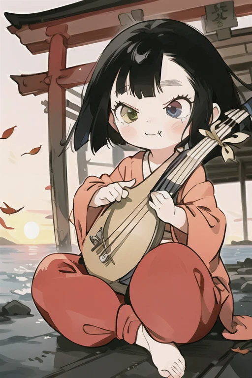 1girl(sitting,playing instrument,holding biwa lute,biwa_plectrum),solo,(masterpiece:1.2, best quality),ultra-high-detailed,ultra-detailed,sense of strength,finely detailed iris,anime,staff,full body,solo focus,medium_shot,
BREAK
<lora:HEIKE-BIWA:0.8>,heike-biwa,short hair,black hair,heterochromia,red kimono,wide sleeves,long sleeves,red pants,tabi,zouri,fang,
BREAK
outdoor,(red_torii on sea horizon),(sunset,twilight,seagull,leaf,wind lift),full face blush,peacefully smile,moody lighting,skindentation,shiny skin,<lora:hyperdetailer_v095:0.3>,<lora:ZaoDaoV1:0.5>,