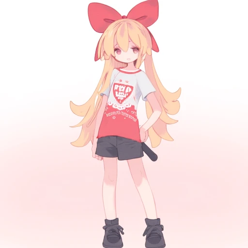 Urcarta \(Artist\), @urct, 裏方 \(芸術家\), A girl with long, flowing blonde hair and a large red bow on her head. She is wearing a white and red t-shirt with a graphic design, black shorts, and black shoes. She has a playful expression and is standing with one hand on her hip and the other holding her tail. The background is a simple gradient of pink and white.