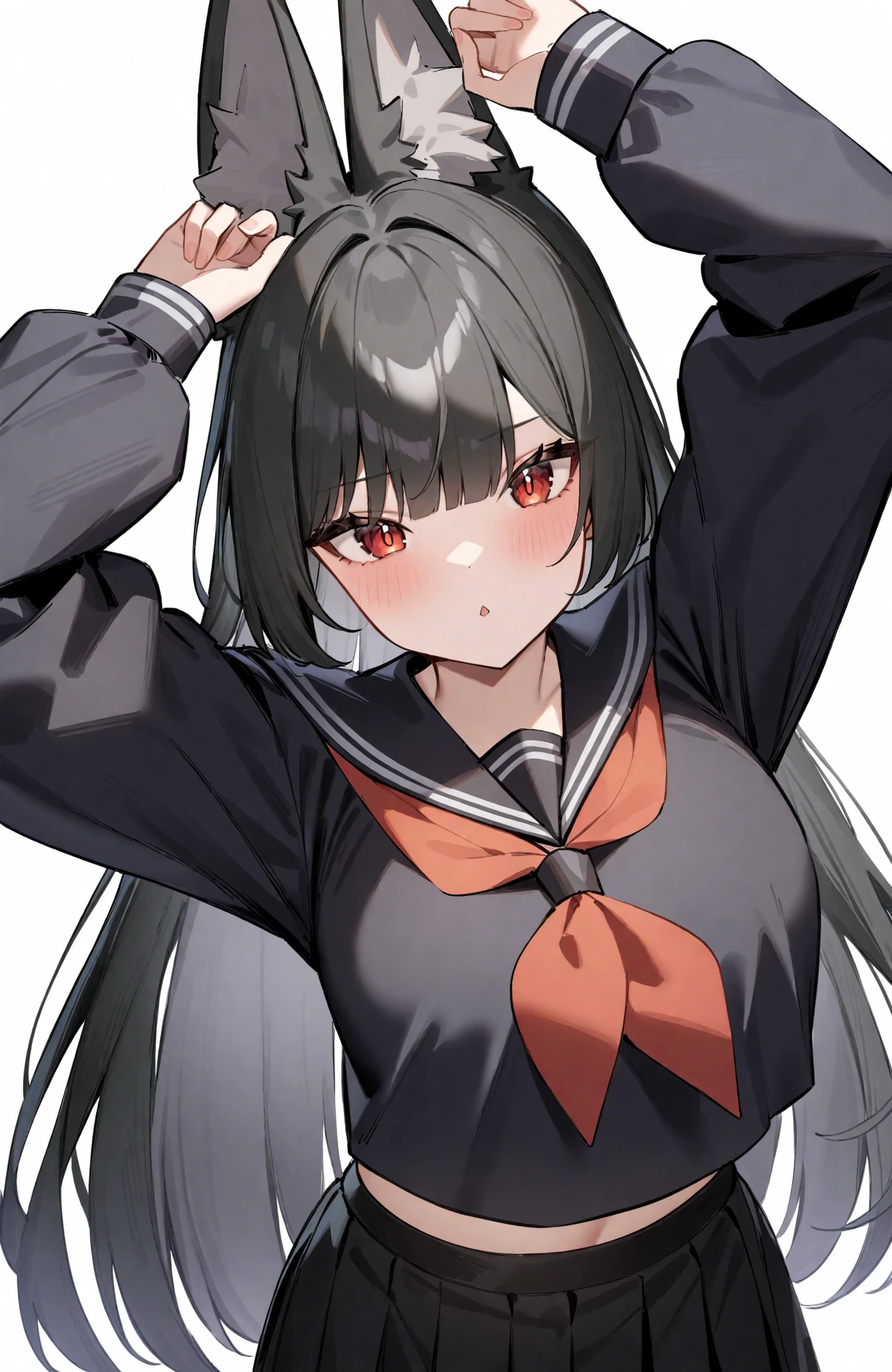 masterpiece,best quality,very aesthetic,absurdres,
hoshimi_miyabi,1girl,alternate costume,animal ear fluff,animal ears,black hair,black sailor collar,black serafuku,black shirt,black skirt,fox ears,highres,long sleeves,looking at viewer,miniskirt,neckerchief,pleated skirt,puffy long sleeves,puffy sleeves,red neckerchief,sailor collar,school uniform,serafuku,shirt,simple background,skirt,white background,upper body,
<lora:hoshimi_miyabi_V1-000049:0.8>,