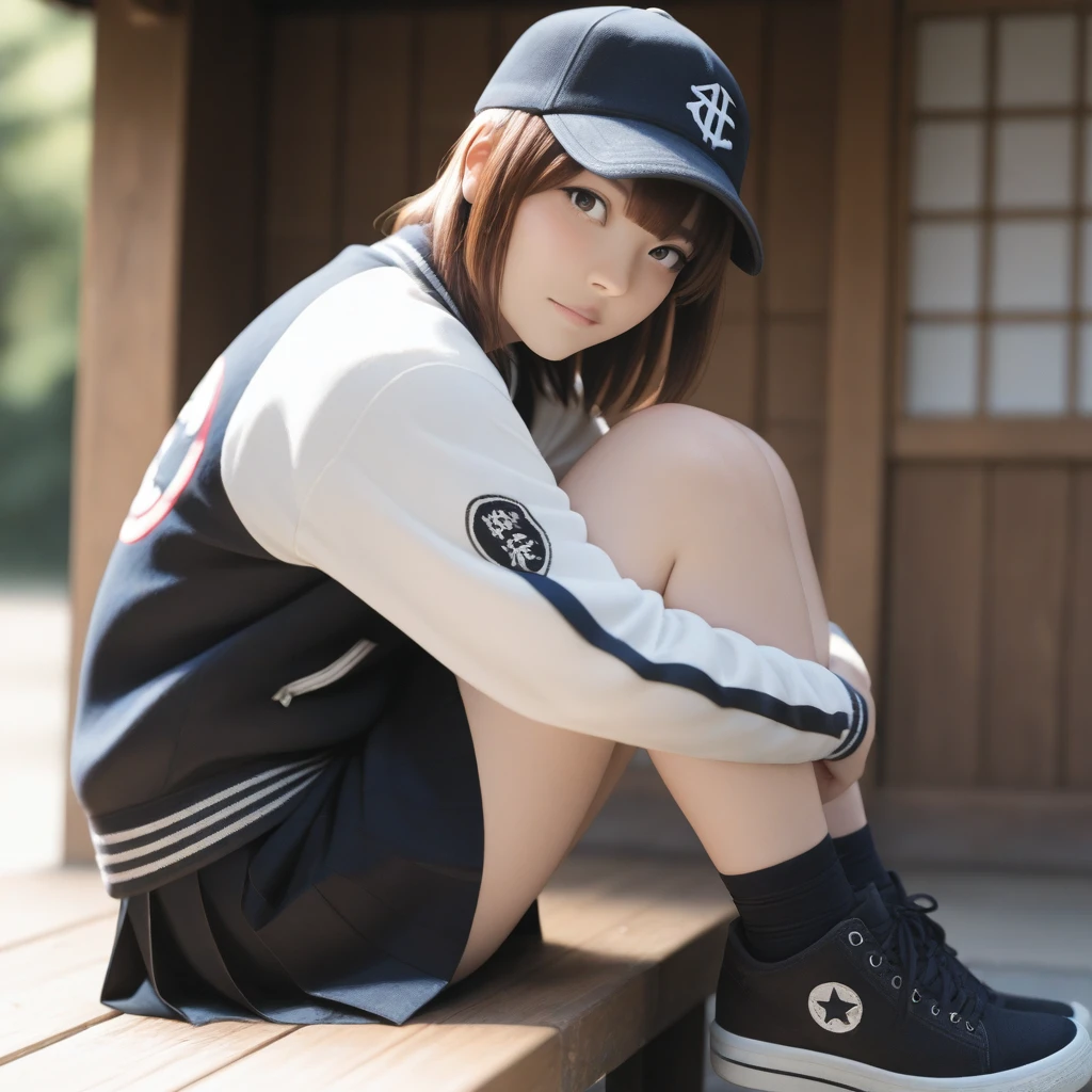 masterpiece, best quality,  <lora:Kanazawa Illust:1> kanahanazawa, letterman jacket, baseball cap, sitting, hugging own legs, black skirt,  looking at viewer, shrine, from side,