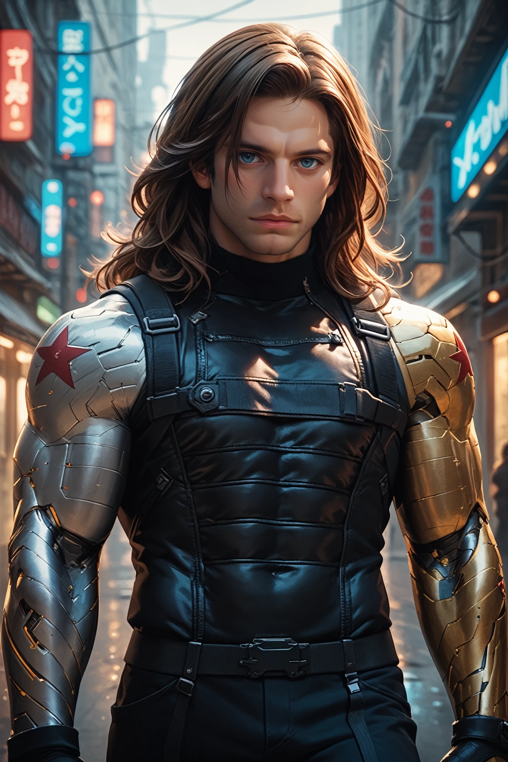 score_9, score_8_up, score_7_up, score_6_up
<lora:MBBarnes:0.8>
MBBarnes, 1boy, brown hair, blue eyes, long hair, muscular, mechanical arm, looking at viewer, in a sleek modern suit striking a pose in front of a neon-lit Tokyo street