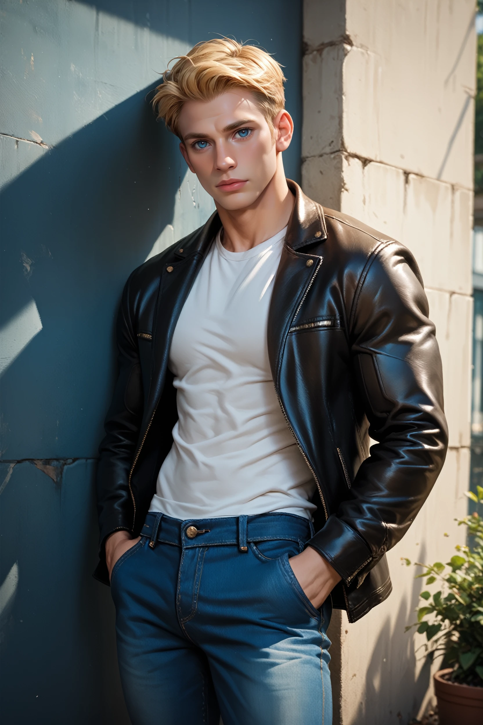 score_9, score_8_up, score_7_up, score_6_up
<lora:MCAmerica:0.8>
MCAmerica, 1boy, blonde hair, blue eyes, short hair, muscular, looking at viewer, leaning against wall, outside, leather jacket, jeans, hands in pocket, at night