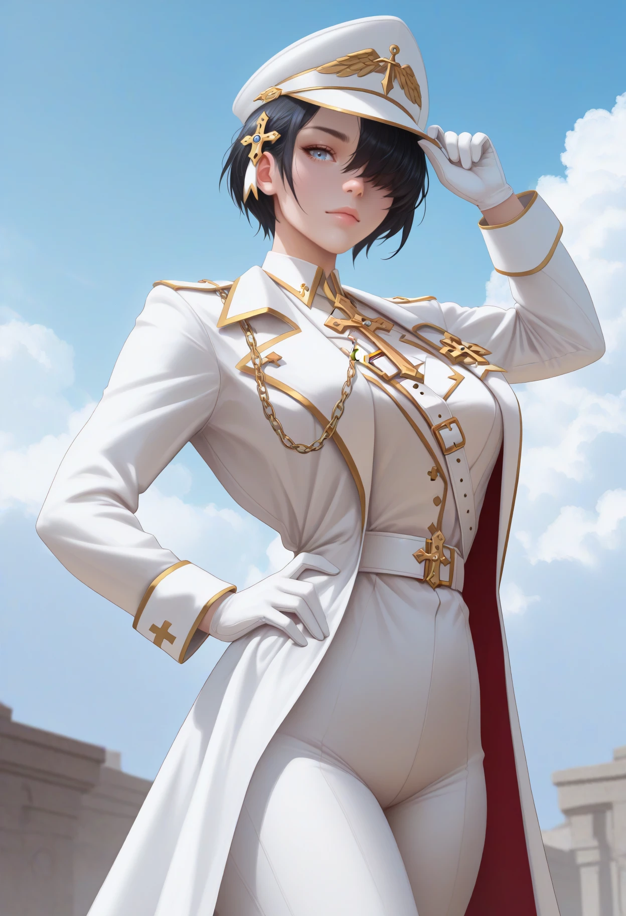 masterpiece, best quality, realistic, solo, 1girl, htagl, looking at viewer, standing, hand on own hip, adjusting headwear, short hair, black hair, hair over one eye, hair ornament, blue eyes, white headwear, peaked cap, military uniform, gold trim, white coat, open coat, long sleeves, white jacket, white belt, shoulder belt, white shirt, collared shirt, cross, gold chain, white gloves, white pants, outdoors, blue sky, cloud, heaven
<segment:yolo-Anzhc Face seg 640 v2 y8n.pt,0.4,0.5//cid=1>