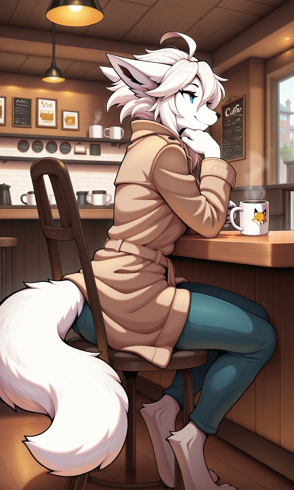 masterpiece, best quality, 1girl, solo, dinah, fox, anthro, solo, female, white fur, tail, cafe, indoors, sitting in chair, coffee mug, smile, pants, brown coat, smile