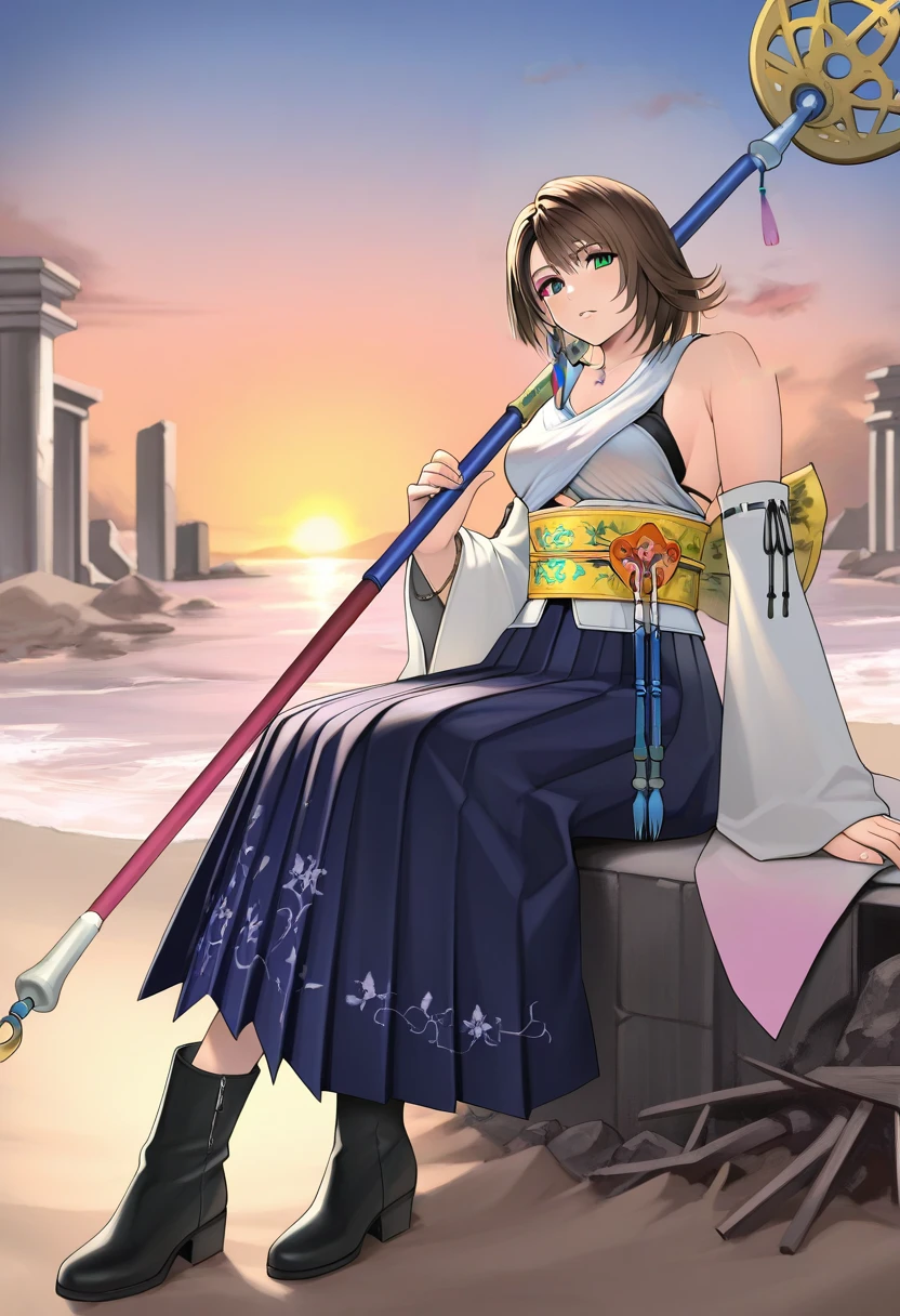 masterpiece, best quality, newest, absurdres, highres, <lora:YunaFFXIllustrious:0.9>,  FFXYNDF, brown hair, heterochromia, blue eyes, green eyes, japanese clothes, detached sleeves, hakama skirt, jewelry, staff, wide sleeves,  sitting, ruins, sand, water, sunset, parted lips, looking at viewer, black boots, breasts, close-up,