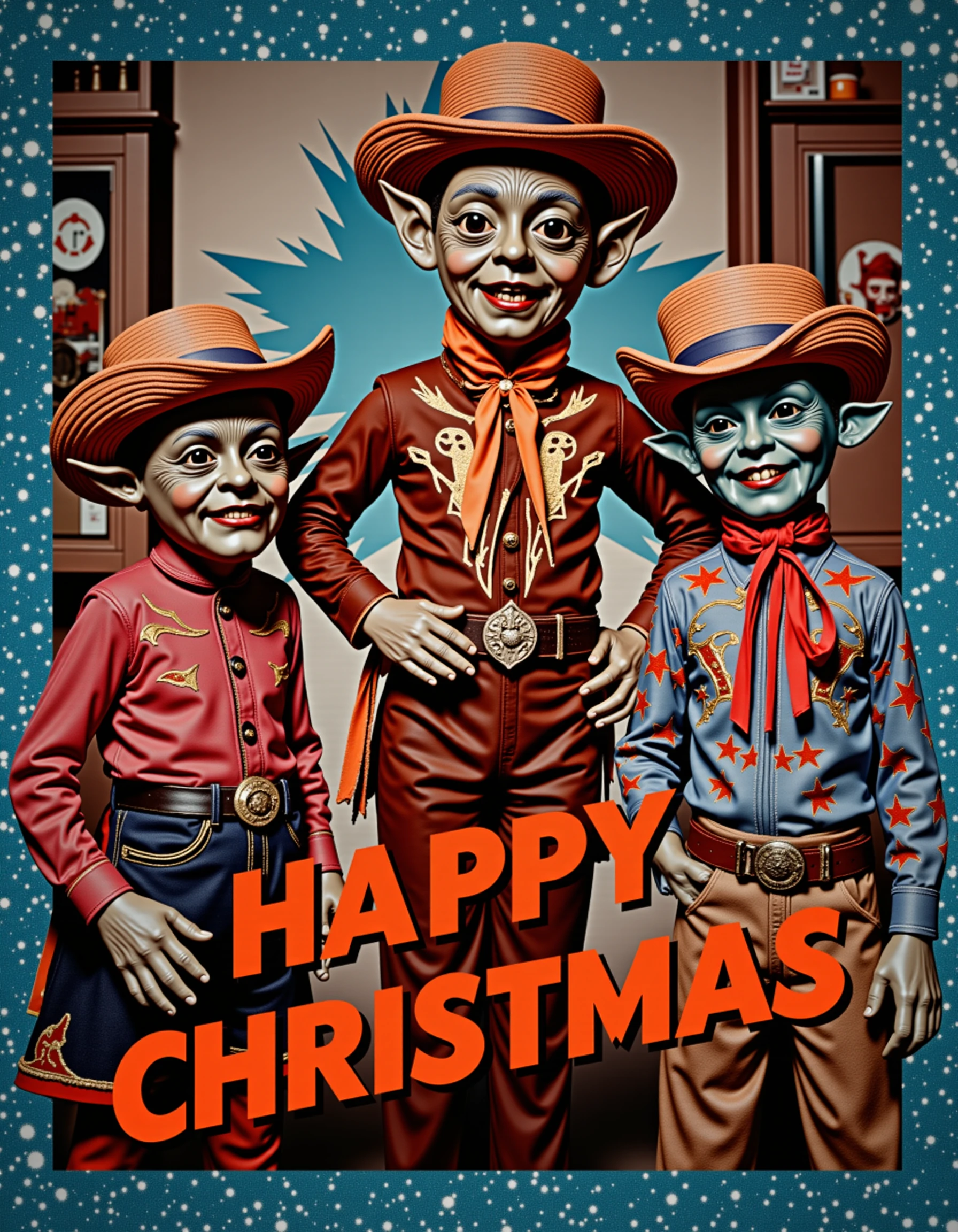 A slapstick holiday card featuring the western wear alien elves from Space Force and a message of "MERRY CHRISTMAS", sparkling blue-to-sepia ombre burst  effect.