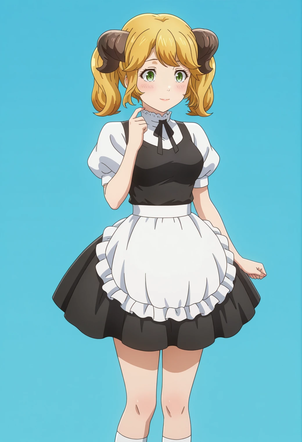 masterpiece, best quality, amazing quality, anime coloring, anime screencap, solo, 1girl,  <lora:DX888AlettaIL:1>aletta, twintails, green eyes, blonde hair, twintails, horns, black dress, puffy sleeves, white shirt, black ribbon, waist apron, maid, socks, shoes,   light smile, blush   BREAK (simple background:1.2),  blue background pastel background,    pointing at self, cowboy shot,