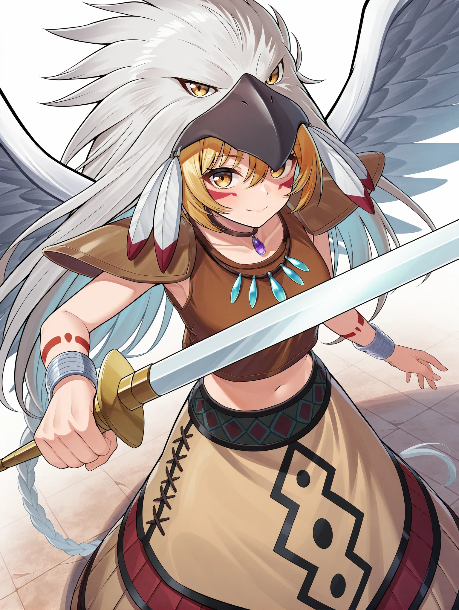 guardian eatos, 1girl, solo, sword, holding sword, smile, looking at viewer, navel, from above, midriff, closed mouth, shoulder pads, brown crop top, brown long skirt, eagle hat, purple jewel necklace, facepaint, oecan, silver bracelet
masterpiece,best quality,amazing quality,very aesthetic,absurdres,newest,<lora:Guardian Eatos illuXL v1:0.72>,