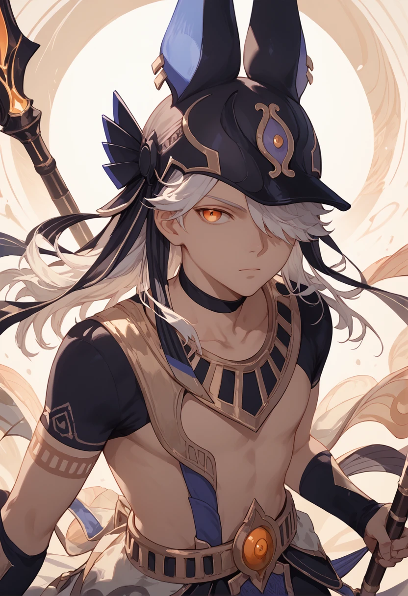 score_9, score_8_up, score_7_up, score_6_up, score_5_up, score_4_up, masterpiece, ultra-detailed, high resolution,

cyno, black choker, long hair, male focus, holding, hair over one eye, animal hat, choker, 1boy, solo focus, closed mouth, animal ears, artist name, jackal ears, hat, black headwear, bangs, short sleeves, looking at viewer, standing, holding polearm, multiple boys