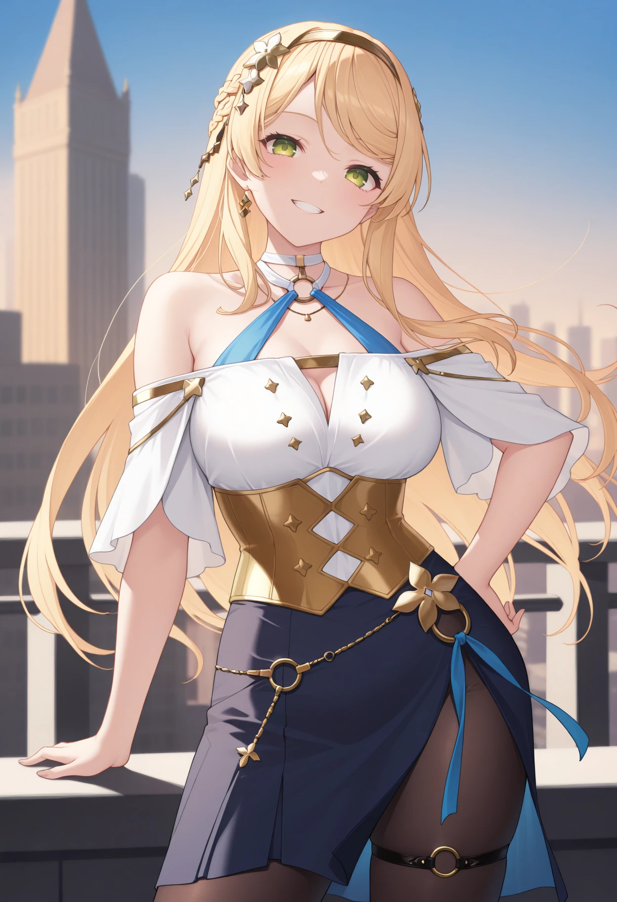 masterpiece, best quality, 1girl, solo, KlaudiaSecond, long hair, braid, hairband, hair ornament, white choker, o-ring halterneck, off-shoulder shirt, white shirt, golden corset, blue skirt, side slit, black pantyhose, thigh strap, hand on hip, contrapposto, head tilt, smile, grin, outdoors, city, looking at viewer, <lora:ChamKlaudiaValentzIllustriousXL:1>