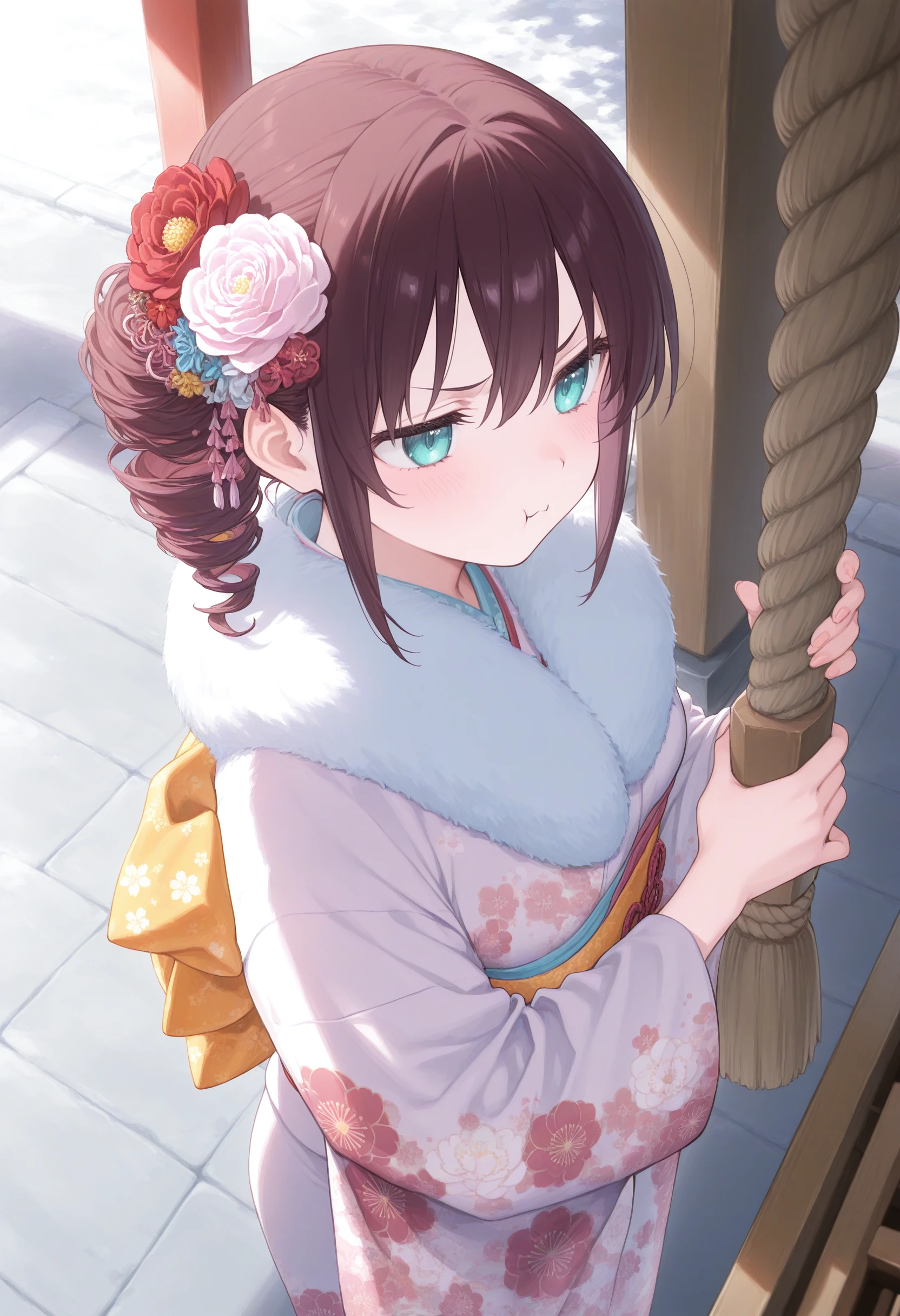 1girl,(sho \(sho lwlw\):0.7),(toosaka asagi:0.5),(sincos:0.3),solo,
masterpiece, best quality, newest, absurdres, CG, anime, source anime, illustration,
medium breasts,
hrine bell, japanese clothes, kimono, hair flower, print kimono, furisode, rope, outdoors, shrine, standing, new year, shimenawa, hatsumoude, donation box, holding,  <lora:shrinebell_Illust_v1:0.8>
from above, portrait, looking ahead, brown hair, aqua eyes,pout, stairs, open mouth, drill hair,,