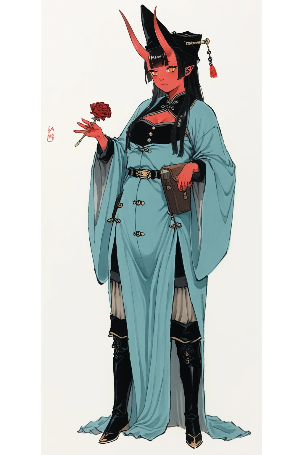 full-body medieval fantasy character of a female Tiefling woman with striking (red skin) and distinct, demonic features,

simple background, white background,


colored skin, oni,   

long hair, bangs, black hair, glowing orange eyes, blunt bangs, rose, drill hair,and two prominent, curved horns protruding from her forehead, 

The character is a wizard or sorcerer, 
They are dressed in a flowing, deep blue robe with intricate details such as gold buttons, on the black shirt dress,
and a large, floppy brown wizard's hat, 
The robe is adorned with a prominent purple gemstone on the chest, suggesting magical power, also thigh boots on hightights,
adding to the mystique and anonymity, 
A small, leather pouch is attached to the character's belt, and a few books and scrolls are tucked into the belt and robe pockets, indicating a scholarly or magical nature, 


traditional Chinese ink painting drawing, 

The style of the painting is classic Chinese ink wash, characterized by its delicate use of shading and fine lines to create depth and texture. 
