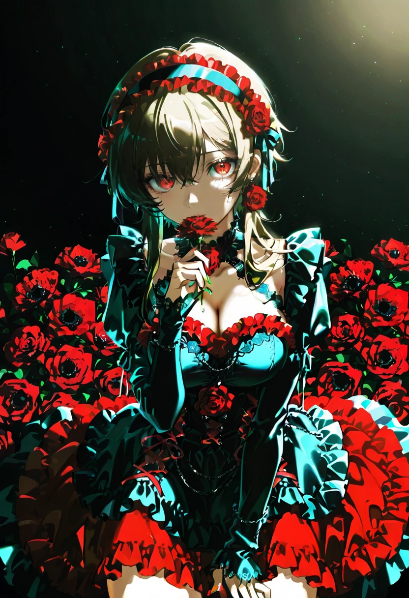 1girl,solo,looking at viewer,konya_karasue,y2khar dress, frills, dress, red flower, mitaka_asa