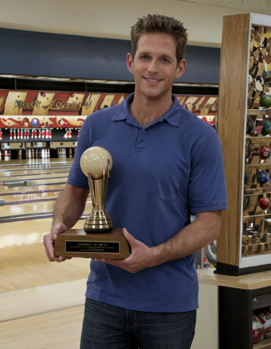 (baest quality, masterpiece quality:1.1) <lora:Dennis:0.9> dennis_person holding bowling trophy, bowling alley setting,