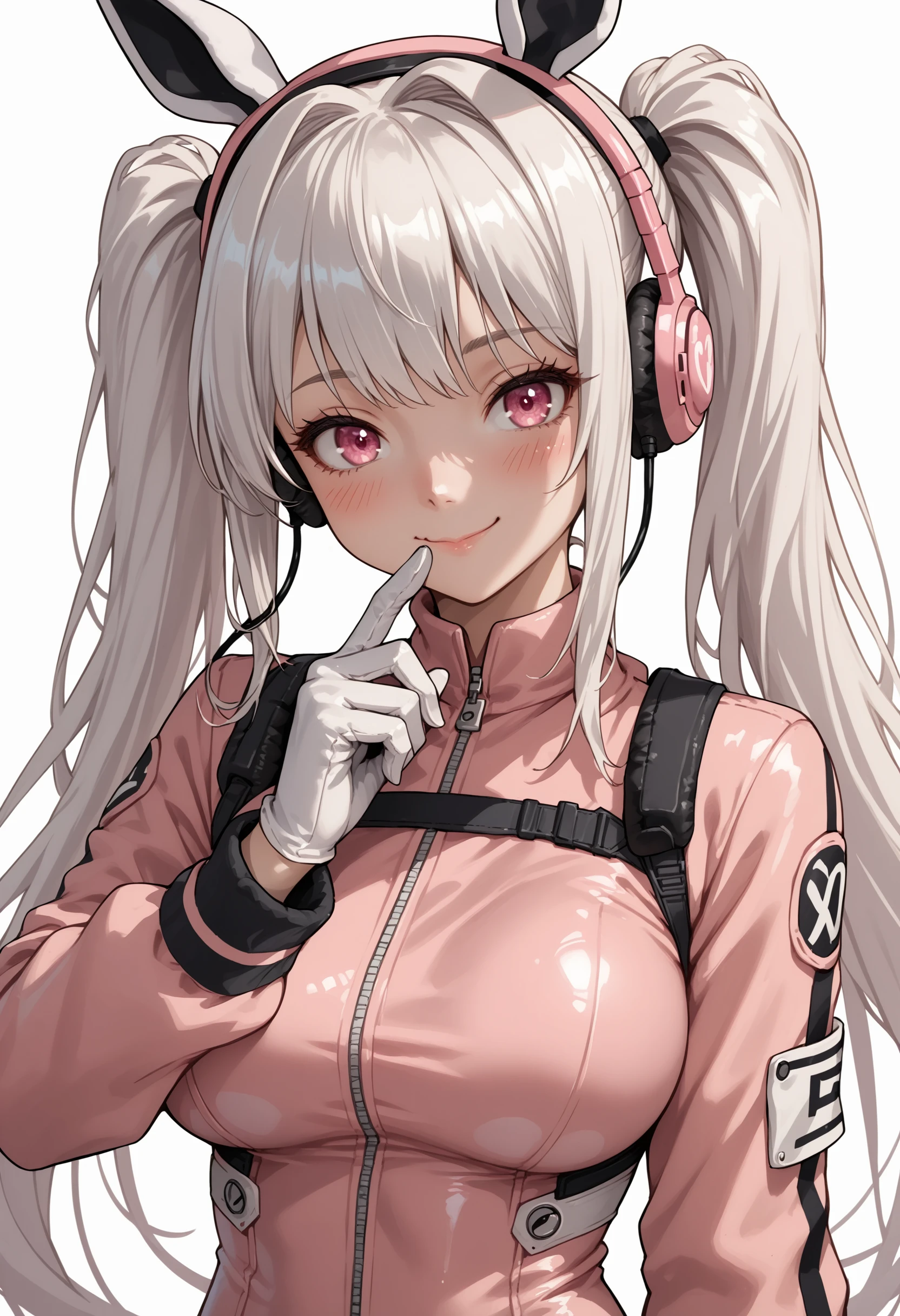 PonyXLV6_Scores 1girl, animal ears, bangs, blush, bodysuit, breasts, closed mouth, fake animal ears, gloves, headphones, headset, horse ears, impossible clothes, jacket, large breasts, long hair, long sleeves, looking at viewer, pink bodysuit, pink eyes, simple background, skin tight, smile, solo, twintails, upper body, very long hair, white background, white gloves, white hair,alice \(nikke\),âââ