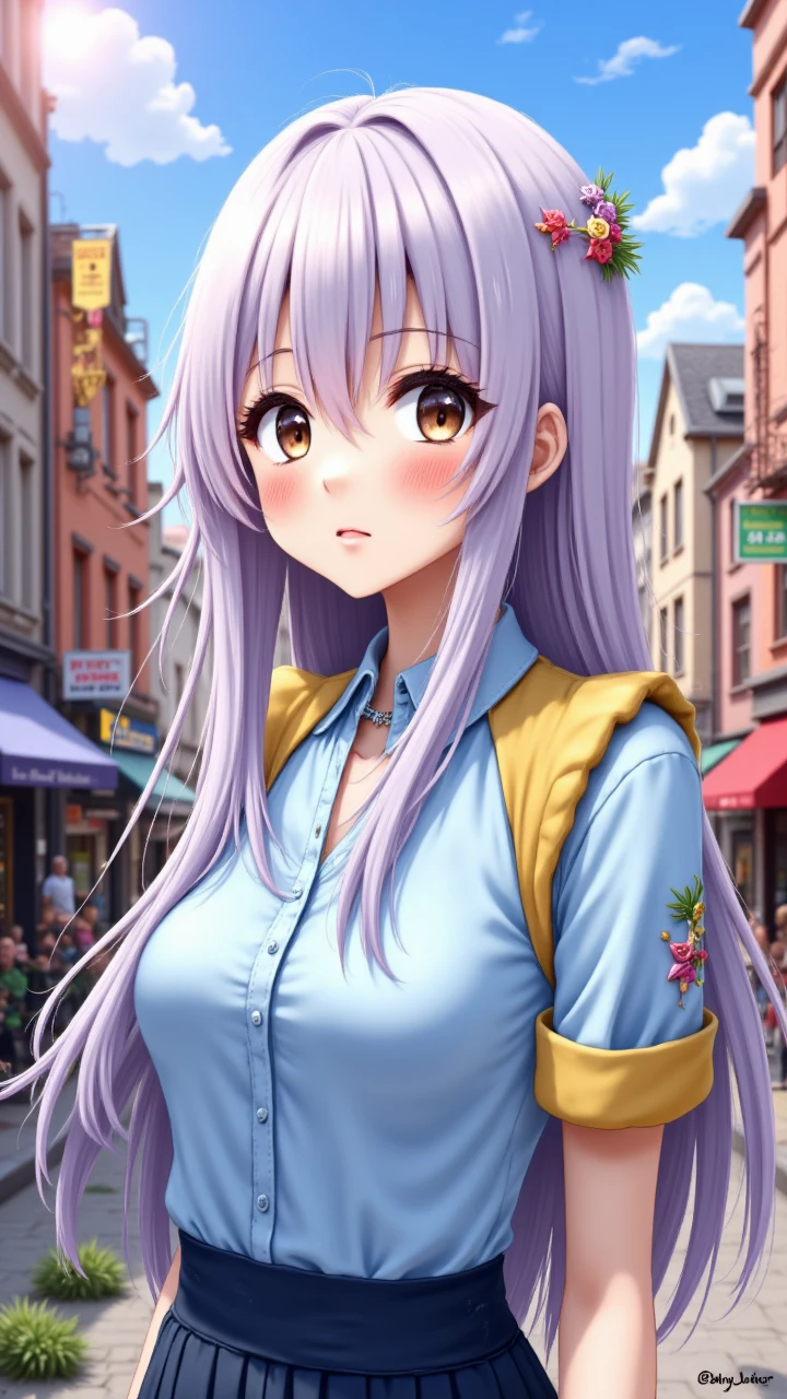 This is a vibrant digital drawing in an anime style, showcasing a young girl in a bustling urban setting. She has long, straight, lavender hair with a small, delicate hair clip on the left side, and large, expressive brown eyes with a hint of shyness or melancholy. Her cheeks are flushed pink, and she has a small tattoo-like mark on her left temple. She wears a light blue, collared shirt with yellow, rolled-up sleeves, and a blue skirt with a high waist. She's dressed in a somewhat casual, yet slightly gothic style.  , aidmareduxstyle, aidmafluxpro1.1, aidmahyperrealism,