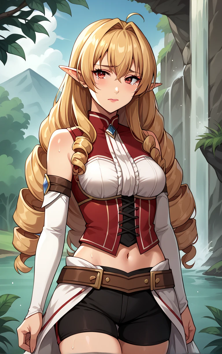 score_9, score_8_up, score_7_up, BREAK 
MainOutfit_ElinaliseDragonroad_ownwaifu, 
1girl, big hair, blonde hair, breasts, drill hair, elf, hair between eyes, long hair, makeup, pointy ears, red eyes, red lips, bangs, hair intakes, medium breasts, braid, lipstick, 
black shorts, brown belt, detached sleeves, open skirt, red corset, red pantyhose, sleeveless turtleneck, thigh boots, turtleneck, white skirt, bare shoulders, midriff, navel, shorts, armor, gloves, thighhighs, short shorts, bike shorts, pantyhose, red thighhighs, sleeveless, white dress, belt, elbow gloves, long sleeves, skirt, white shirt, 
(portrait, rain, sad), crying, waterfall, wet, wet clothes, closed mouth, hydrangea, outdoors, <lora:PONYXL_MushokuTensei_ElinaliseDragonroad_ownwaifu:0.75>, solo,