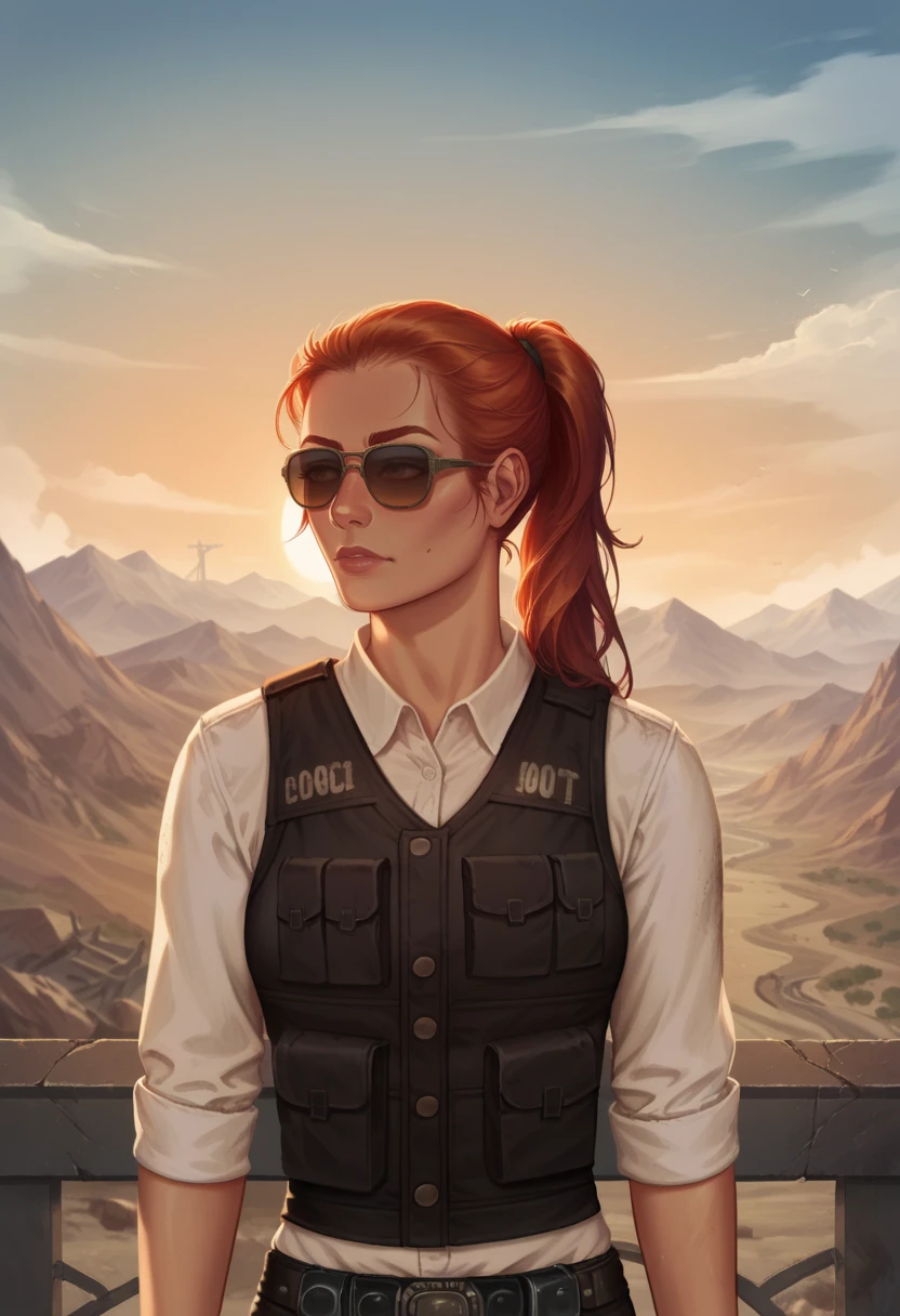 score_9, score_8_up, score_7_up, 1girl, solo, bulletproof vest, white shirt, pants, skinny, slim, long hair, redhead, ponytail, dynamic,
wasteland, sun, godrays, post-apocalypse, outdoors, upper body, scenery, mountains, front view, sunglasses,
<lora:Joshua_Graham_OutfitCharacter_-_Fallout_New_Vegas:0.6>,  <lora:Krys_Decker_-_Artist_style_Newer__characters:0.9> ss-krd_new,