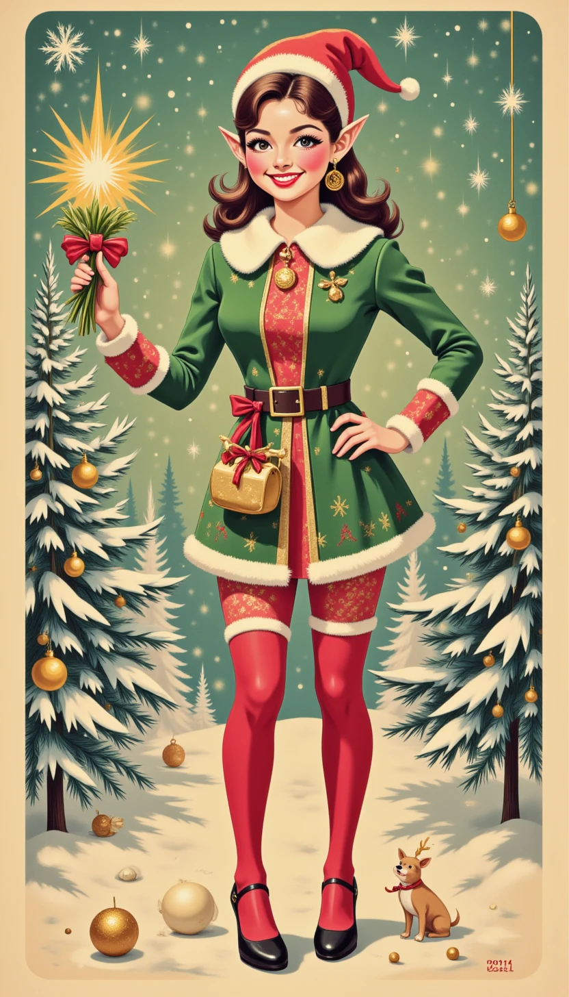 pinkclassicchristmas, 

A festive elf woman with pointed ears, wearing a playful green and red outfit, holding glowing mistletoe