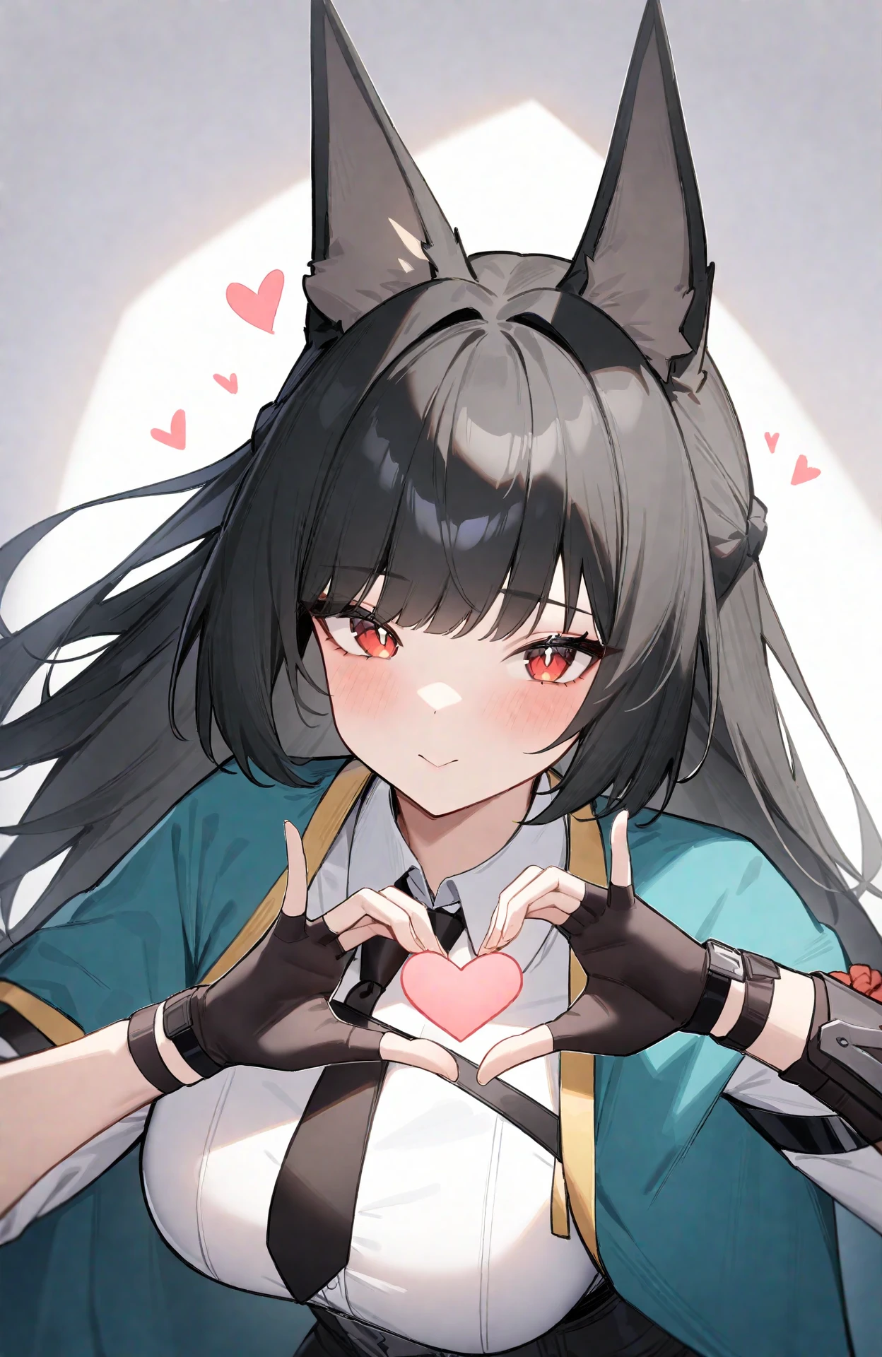 masterpiece,best quality,very aesthetic,absurdres,
hoshimi_miyabi,1girl,animal ears,aqua cape,black gloves,black hair,black necktie,cape,fingerless gloves,fox ears,gloves,heart,heart hands,highres,looking at viewer,necktie,shirt,solo,upper body,white shirt,
<lora:hoshimi_miyabi_V1-000049:0.8>,