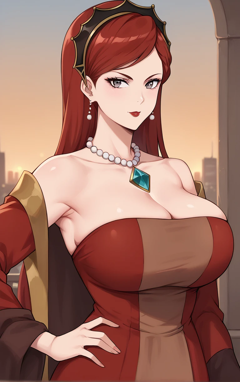 score_9, score_8_up, score_7_up, BREAK 
MainOutfit_HildaBoreasGreyrat_ownwaifu, 
1girl, bursting breasts, cleavage, crown, earrings, gem, grey eyes, hair behind ear, long dress, long hair, long sleeves, makeup, mature female, pearl necklace, red dress, red hair, swept bangs, wide sleeves, jewelry, bare shoulders, collarbone, lipstick, necklace, large breasts, hairband, dress, off shoulder, tiara, bead necklace, red lips, breasts, brown dress, bangs, huge breasts, low neckline, black hairband, strapless dress
(contrapposto, hand on hip), sunset, sidelighting, cityscape, vanishing point, outdoors, <lora:PONYXL_MushokuTensei_HildaBoreasGreyrat_ownwaifu:1> , depth of field, solo,