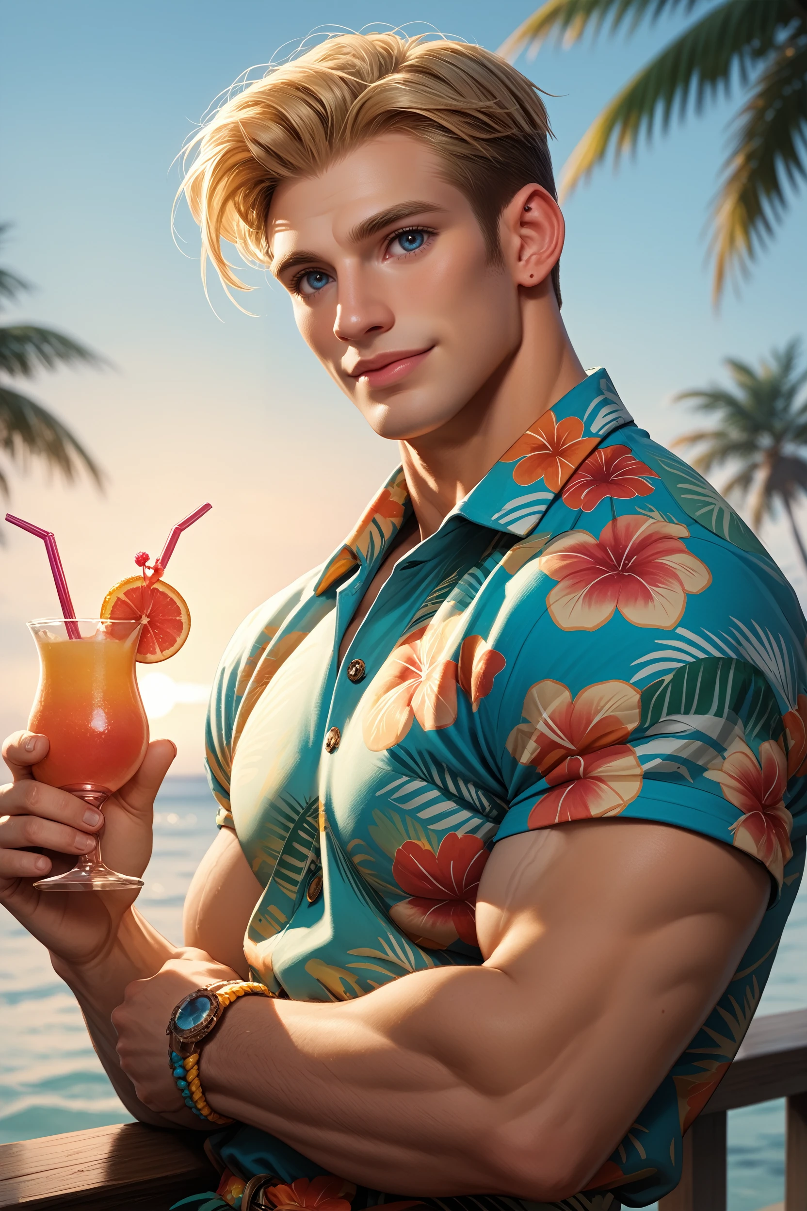 score_9, score_8_up, score_7_up, score_6_up
<lora:MCAmerica:0.8>
MCAmerica, 1boy, blonde hair, blue eyes, short hair, muscular, looking at viewer, wearing a Hawaiian shirt, smiling, holding a cocktail, vibrant sunset, palm trees swaying in the breeze, tropical vibes